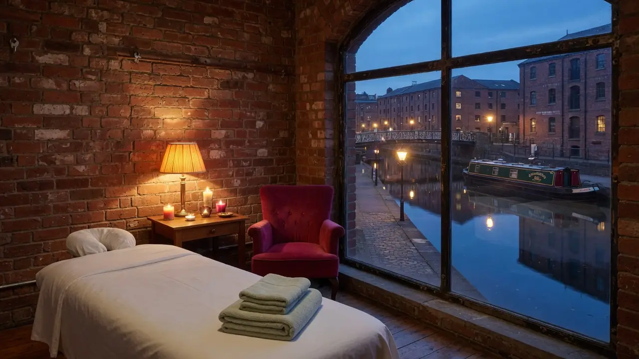Erotic massage Birmingham: a candlelit massage room with bare red brick and a raspberry velvet armchair, the window over the canal at Gas Street Basin and a narrowboat at dusk